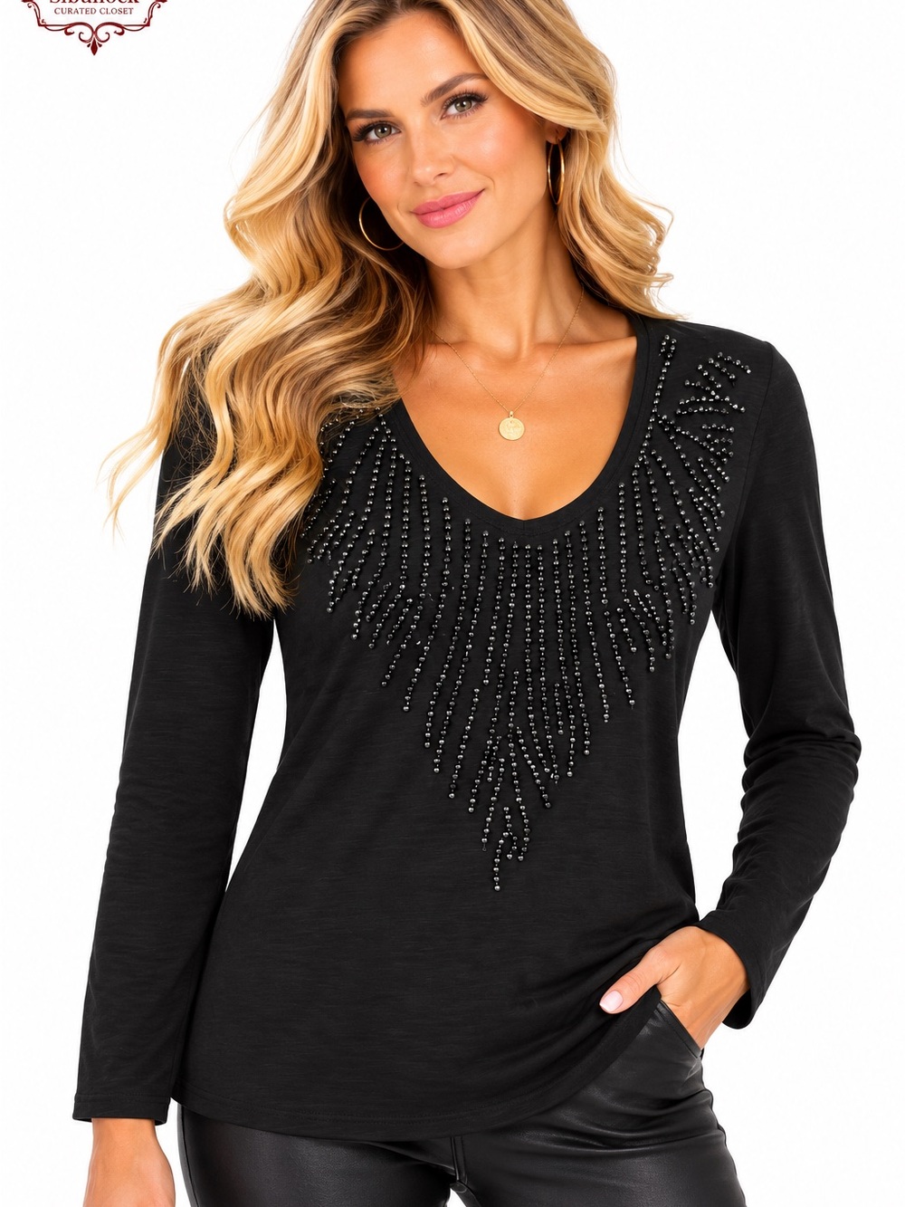 B53 Calvin Klein Jeans Black Beaded Embellished Long Sleeve Top Size M NWT